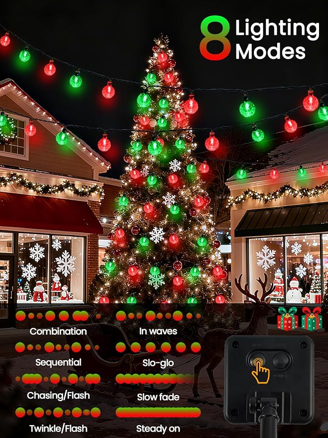 2-Pack 100 LED Red and Green Solar String Lights Outdoor - 64FT Crystal Globe Waterproof Solar Lights for Outside with 8 Lighting Modes for Patio Decorations Garden Wedding Party Porch Tree