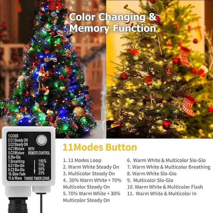 QUWIN Outdoor Christmas String Lights 180Ft 500 LED UL Certified 11 Lighting Modes Indoor &amp Outside Christmas Tree Lights for Christmas Tree Patio Holidays Party ﻿