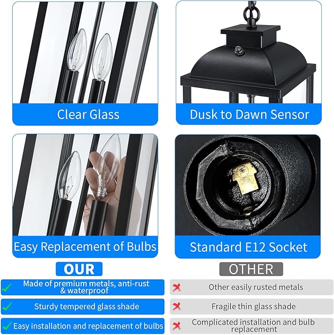 Large Outdoor Pendant Light 2-Light 15.8 Dusk to Dawn Exterior Hanging Lights Fixture with Clear Glass Modern Black Outdoor Chandelier for Gazebo Porch Patio Front Door