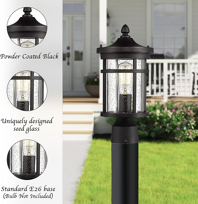 Bestshared Outdoor Post Light 13.75 Height Exterior Post Lighting Fixture Outdoor Patio Post Lantern for Pathway Driveway Front/Back Door Post Lamp in Black Finish with seeded Glass