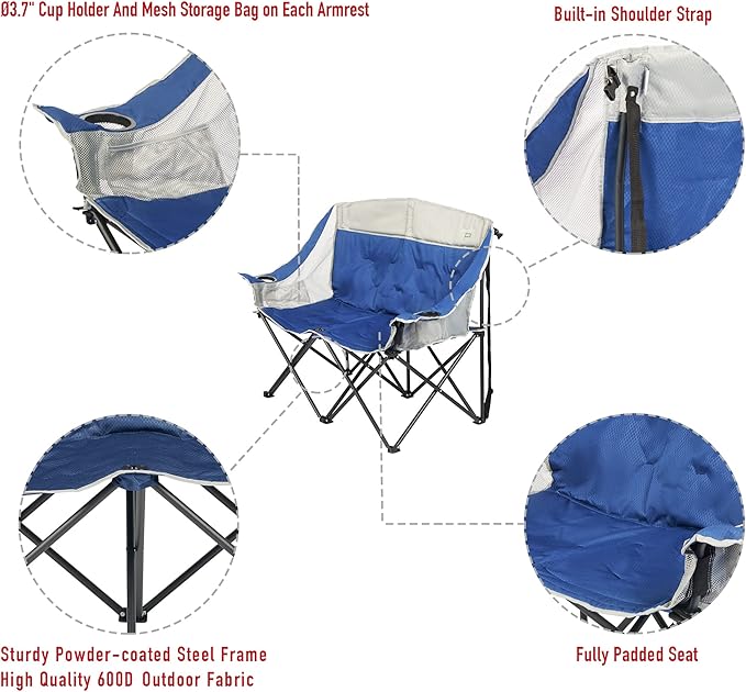 SUNNYFEEL Folding Double Camping Chair Outdoor Portable Loveseat Chair Heavy Duty Foldable Lawn Chairs with Storage for Beach/Tailgate/Travel/Picnic Fold Up Duo Camp Chairs for Adults 2 People