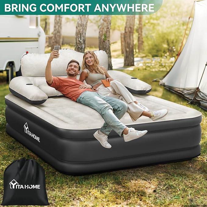 YITAHOME Queen Size Air Mattress with Headboard and Built-in Pump 18in Blow Up Mattress with Carry Bag Repair Kit and Nozzles for Home Camping and Travel