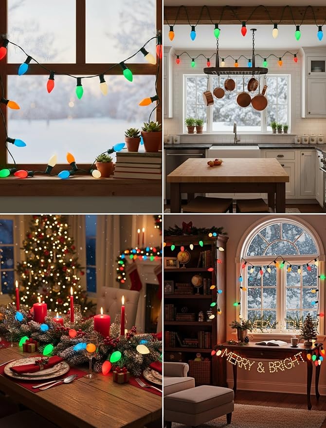 C7 LED Christmas Lights 25Ft Multicolor Christmas String Lights Outdoor with 27 Ceramic LED Light Bulbs String Lights for Tree Decor Patio Carnival E12 Candelabra Base Base