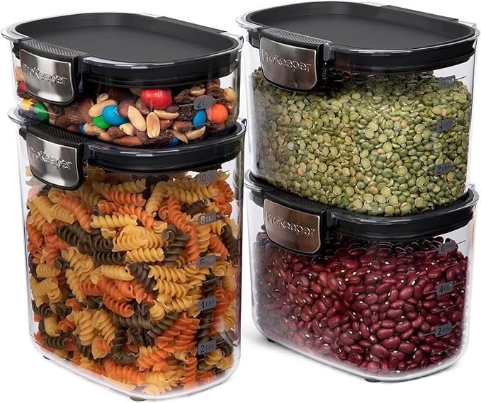 ProKeeper+ Airtight Food Storage Container Set – Clear Plastic Flour and Sugar Canister Set with Magnetic Accessories for Kitchen Organization (Black 13-Piece)