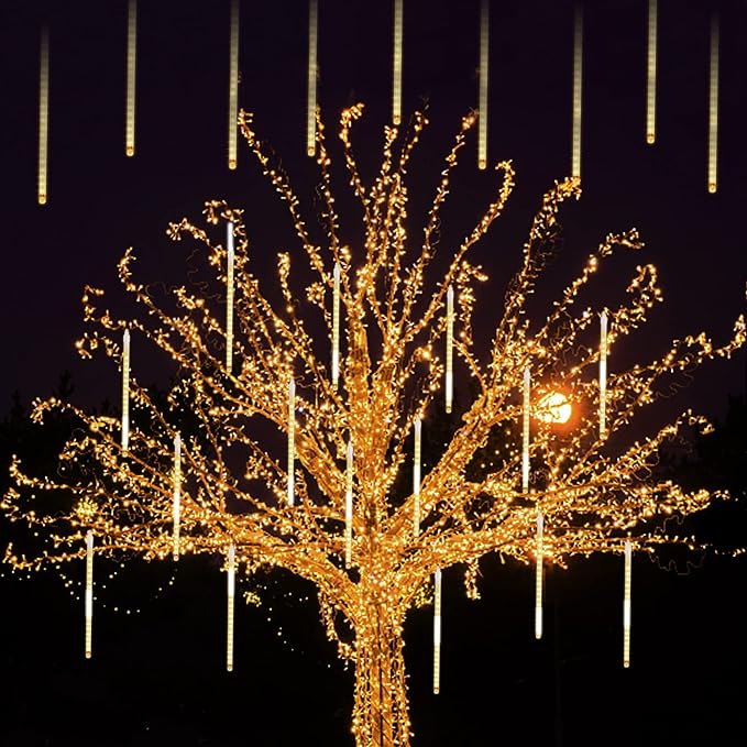 LJLNION 24 Tubes Meteor Shower Lights Outdoor Icicles Christmas Decor 12 Inch 864 LED Snow Falling Connectable Raindrop Lights Xmas Wedding Party Tree Holiday Decoration Warm White