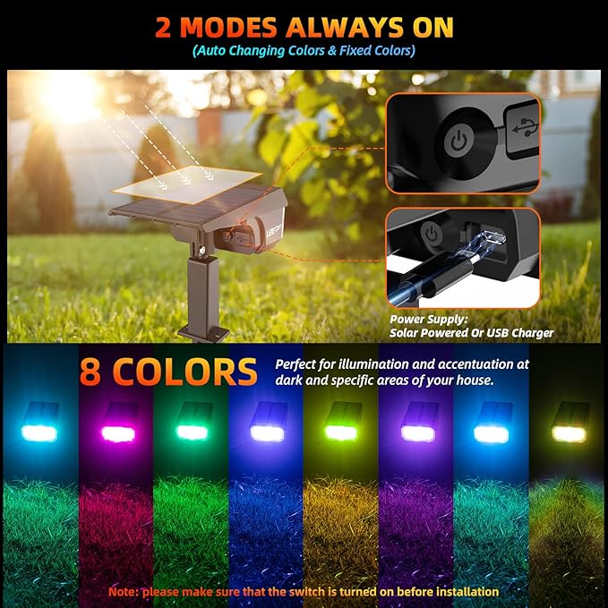 Solar Spot Lights Outdoor Color Changing IP65 Garden Lights Solar Powered Waterproof with 9 Light Modes Colored Landscape Lighting Auto On/Off for Garden Pool Area Pond Yard 10 Pack