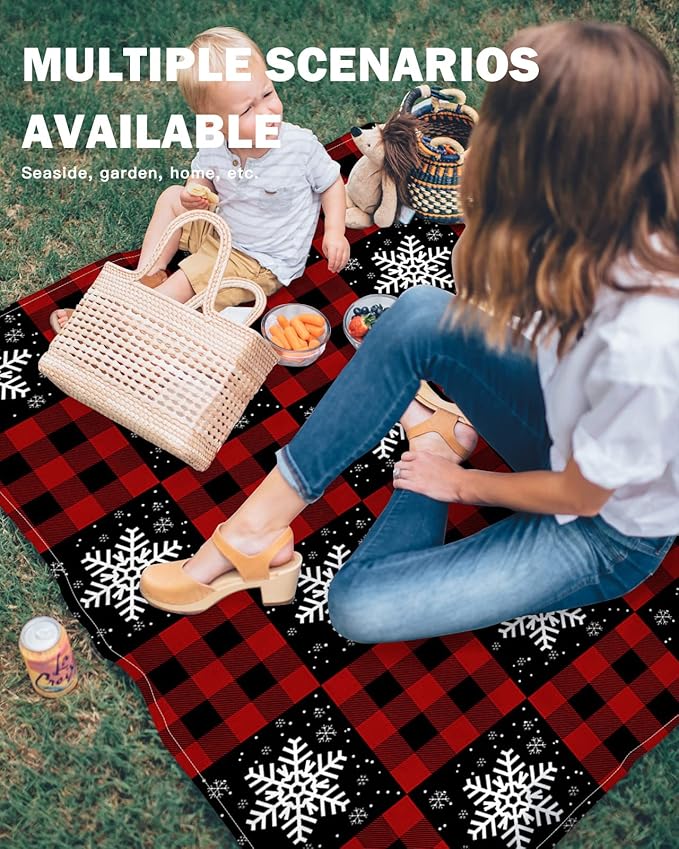 Beach Blanket Waterproof Sandproof OversizedWinter Christmas White Snowflakes Beach Mat with Corner Stakes Sand PocketsRustic Retro Black Red Lattice Plaid Outdoor Picnic Mat for Travel 83x79In