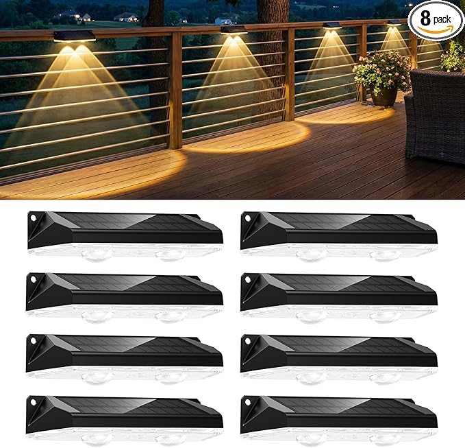 Brightown 8 Pack Solar-Fence-Lights-Outdoor IP65 Waterproof Warm White &amp RGB 11 Color Solar Deck Step Flood Lights Solar Patio Lights for Outside Backyard Yard Home Improvement Wall Railing