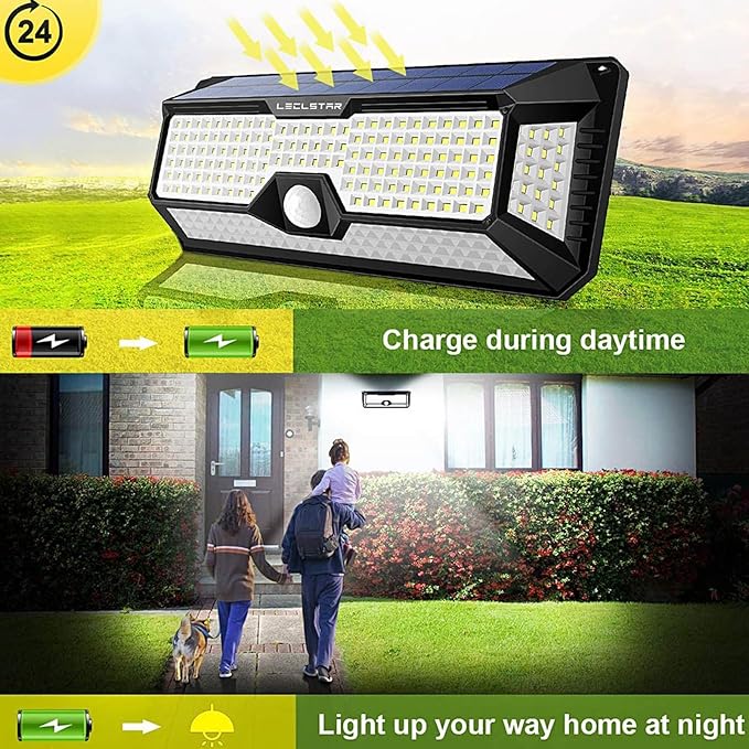 LECLSTAR Solar Outdoor Lights - 4000Lm 268 LED Security Lights with 4 Wide Angle Motion Sensor Lights for Outside IP65 Waterproof Solar Powered Wireless Flood Wall Lights with 3 Modes