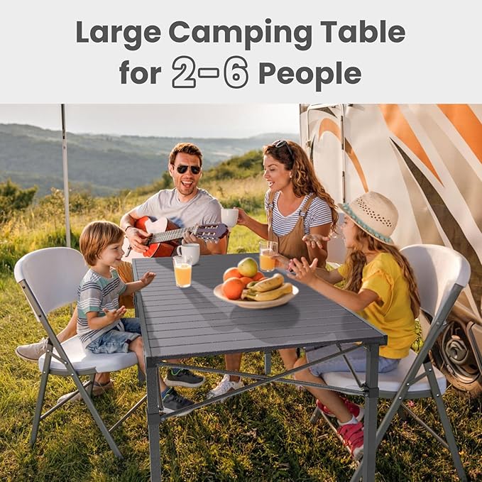 Portable Outdoor Camping Table Large for 2-6 Person - Foldable Camp Table with Aluminum Roll-Up Top &amp Carry Bag for BBQ Tailgating Backyard 220 Lbs Capacity Stable &amp Sturdy (Black)