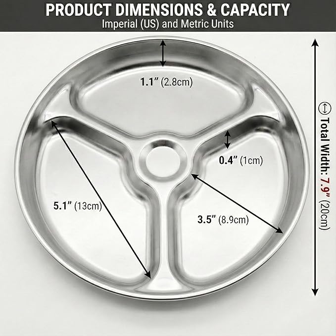 Korean Stainless Steel Divided Plates for Toddlers Kids Babies 8-Inch Premium 304 Electro-Polished No Black Residue BPA-Free Round 3-Compartment Food Tray Camping Diet Control Set of 2
