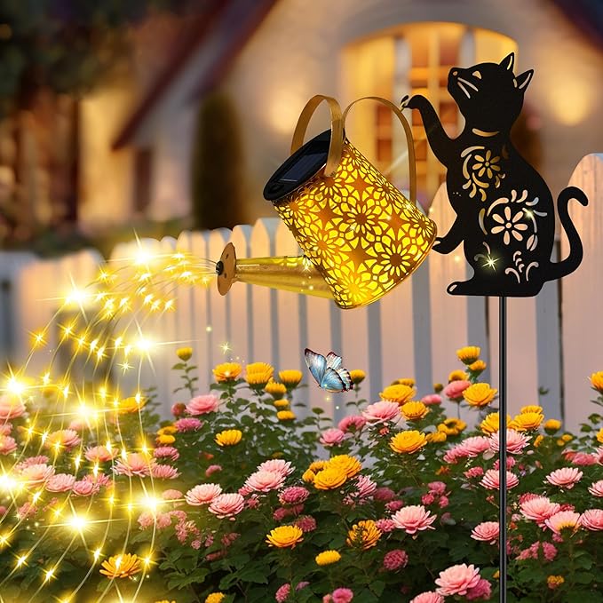 Solar Lights Outdoor Decorative Watering Can with Cascading Lights with Cat Silhouette Garden Stakes Gifts for Mom Women Waterproof Metal Garden Decor for Yard Art Outside Patio Lawn Ornaments