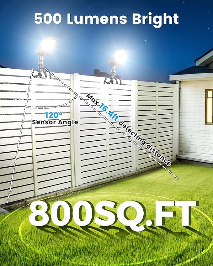 Solar Fence Lights Outdoor 60 LEDs Motion Sensor Security Light with Flexible Octopus Tripod 3 Lighting Modes Adjustable Angle for Fence Deck Camping Patio (4)