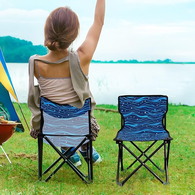 Simple Line Stars Electric Blue Wave Pattern Packable Backpack Chairs for Adults Ultralight Backpacking Camp Chair Carry Bag Included Ice Fishing Chairs for Camping Ice Fishing