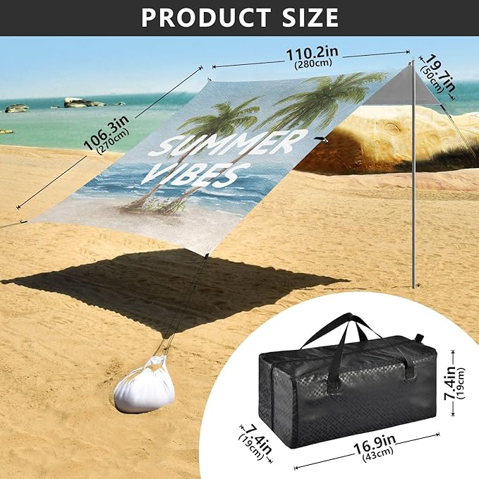Bolaz Beach Canopy Tent Sun Shade9'×10.5' Large Family Beach Shade UPF50+- Outdoor Shade for Camping Trips FishingWatercolor Beach Summer Vibes2