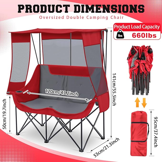 Double Camping Chair with Canopy Shade 660lbs Heavy Duty Beach Chair Portable Folding 2 Person Camping Loveseat with Cup Holder and Storage Bag for Lawn Beach Outdoor Sport(Red and Grey)