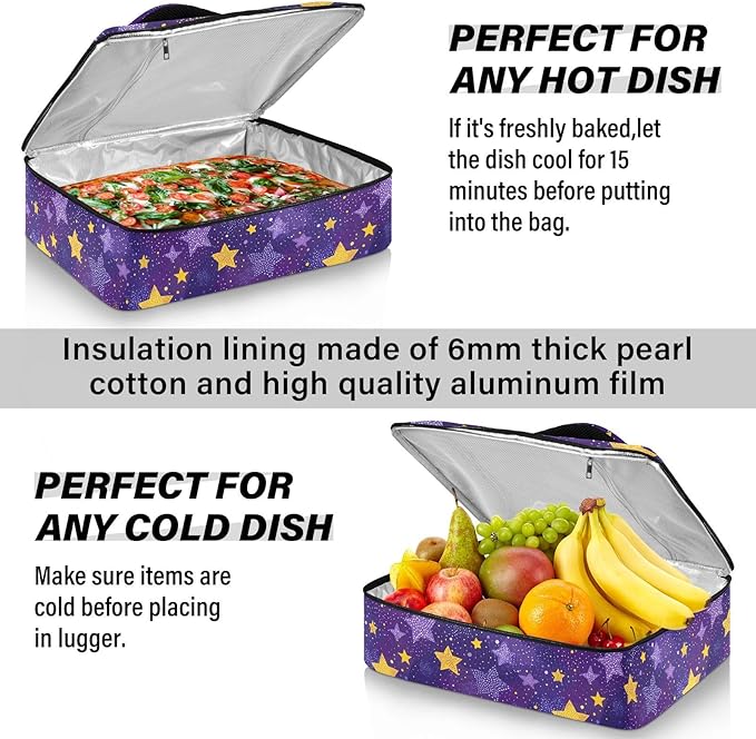 Casserole Carrier Stars Purple and Yellow PrintInsulated Casserole Carrier for Hot or Cold Food Thermal Lunch Tote for Potluck Parties Picnic Beach Fits 9 x 13 Inches Baking Dish