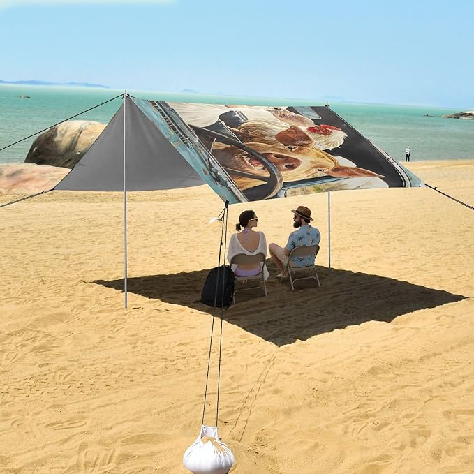 ALAZA Cow Pig Chicken Driving Funny Animals Beach Tent Sun Shelter UPF50+ Protection Beach Shade Canopy w/ 4 Sandbags for Outdoor Camping Fishing Backyard Fun Picnic 10x9 ft