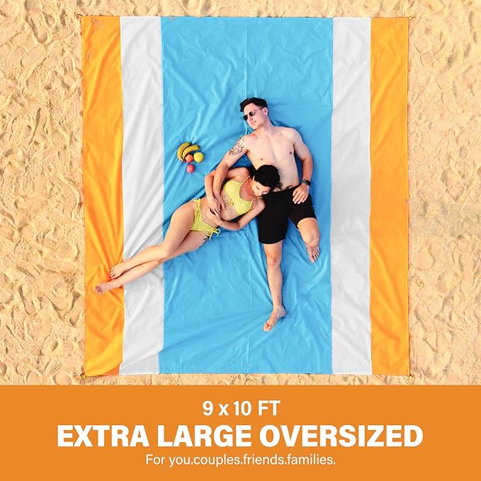 Beach Blanket Oversized Extra Large 10'X 9'Waterproof Sandproof Beach Blanket 2-8 Adults Lightweight Durable for Travel Camping Hiking Picnic (10'X 9' Orange&ampBlue)
