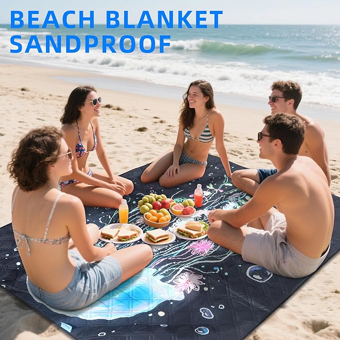 60x80” Double Thickened Picnic Blankets(150g High Density Cotton Stuffed) Jellyfish Pattern Outdoor Picnic Mat Portable Picnic Blanket Foldable with Leather Carry Strap Beach Blanket