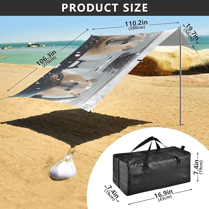ALAZA Capybara Driving Funny Animals Beach Tent Sun Shelter UPF50+ Protection Beach Shade Canopy w/ 4 Sandbags for Outdoor Camping Fishing Backyard Fun Picnic 10x9 ft