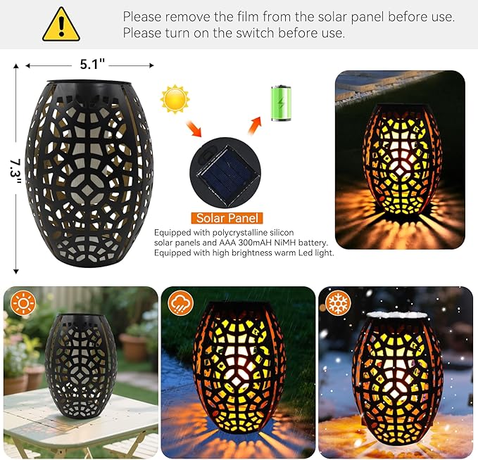 2PCS Solar Table Lanterns with Flickering Flame Light Outdoor Waterproof Metal Desktop Decorative Lamp with Hollow Design for Tabletop Garden 7.3 H Black Geometric Figure