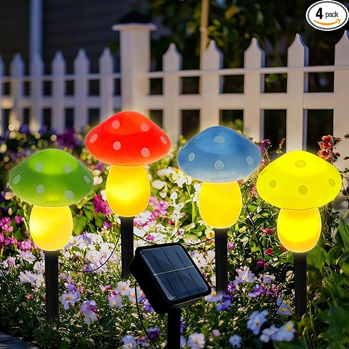 4Pcs Mushroom Solar Lights Outdoor Waterproof Fairy Houses Light Mushroom Garden Decor Decorative Solar Powered Garden Stake Lights for Outside Lawn Walkway Patio Yard (Red/Yellow/Green/Blue)