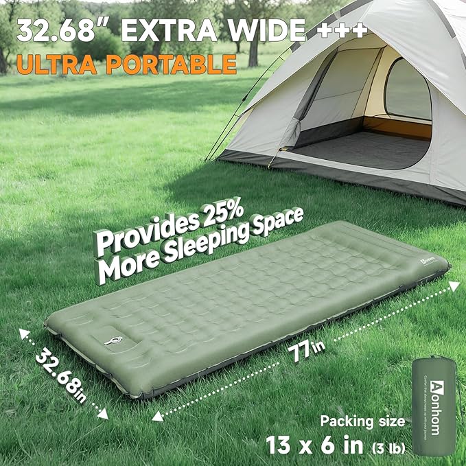 Camping Sleeping Pad 6 Extra Thick Sleeping Mat with Pillow Built-in Foot Pump 32.7 Extra Wide Inflatable Sleeping Pads Compact for Camping Backpacking Hiking Traveling Tent (Green)