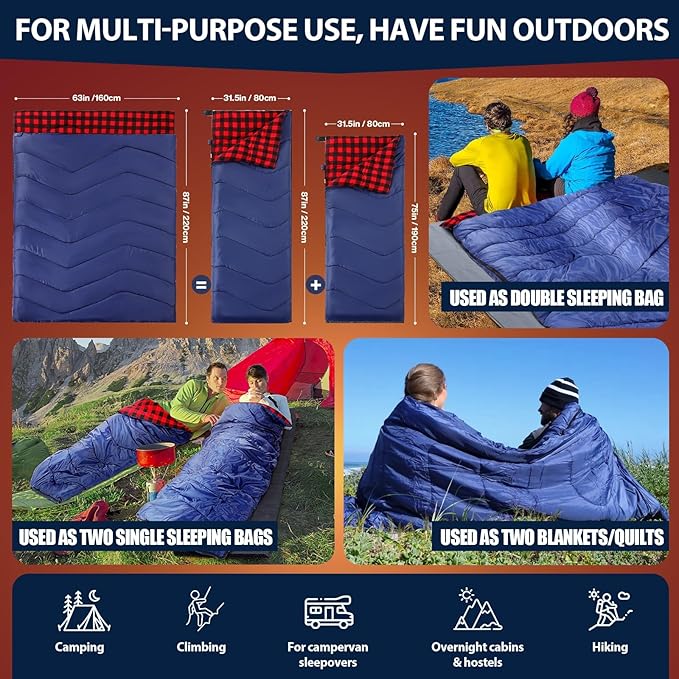 XL Queen Size 2 Person Double Sleeping Bag for Adults Lightweight Compact with Flannel Liner &amp Thermolock Draft Tube Machine Washable All Season Camping Travel