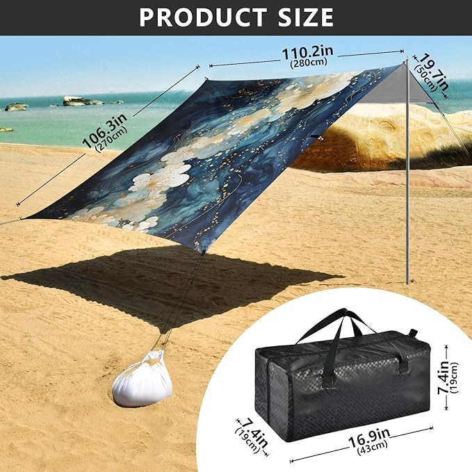 ALAZA Flowers Blue Marble Beach Tent Sun Shelter UPF50+ Protection Beach Shade Canopy w/ 4 Sandbags for Outdoor Camping Fishing Backyard Fun Picnic 10x9 ft