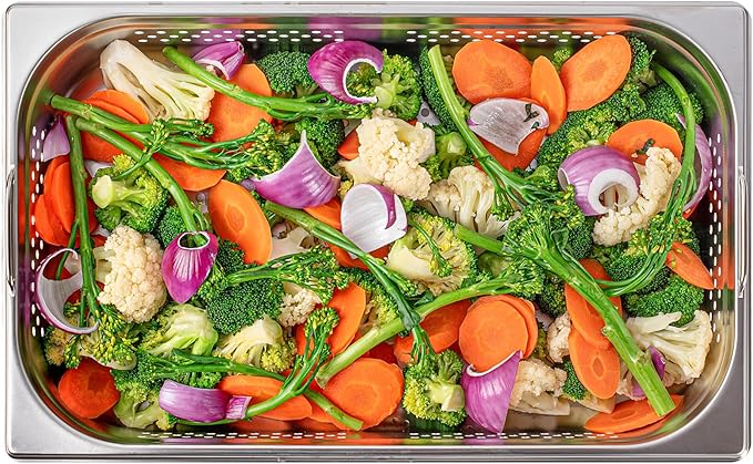 Restaurantware Perforated Steam Table Pan - Full Size - 4 Deep - Collapsible Handles - Anti Jam - Commercial Grade Stainless Steel - 1ct Box - Met Lux