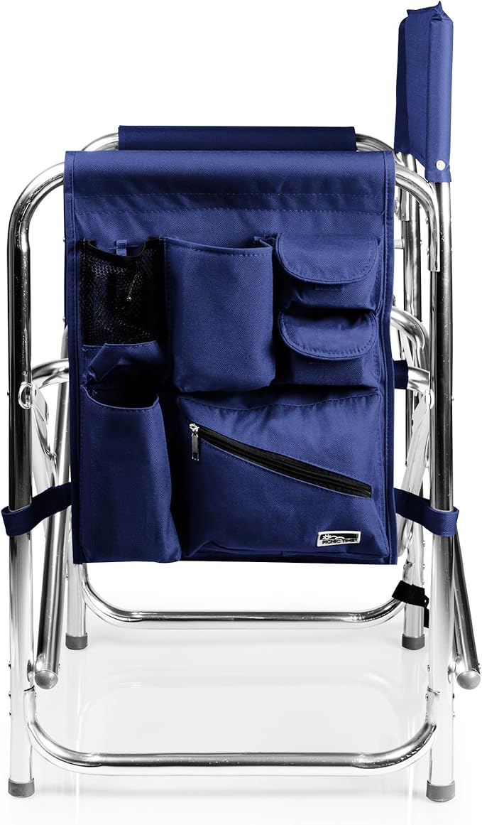 PICNIC TIME Sports Chair with Side Table and Armrest Caddy Lightweight Aluminum Folding Outdoor Camping Chair for Adults Portable Director Style Lawn Seating with Pockets &amp Carry Strap (Navy Bl