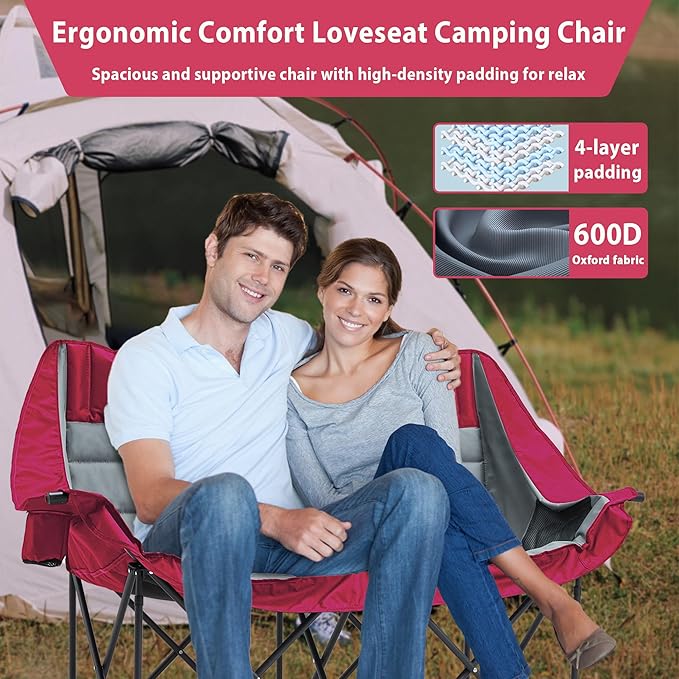 Oversized Double Camping Chair Folding Loveseat Camping Couch with Pocket Cup Holder and Carry Bag Heavy Duty Portable Camping Chairs for Adults Fishing Sports Trip up to 660lbs Red