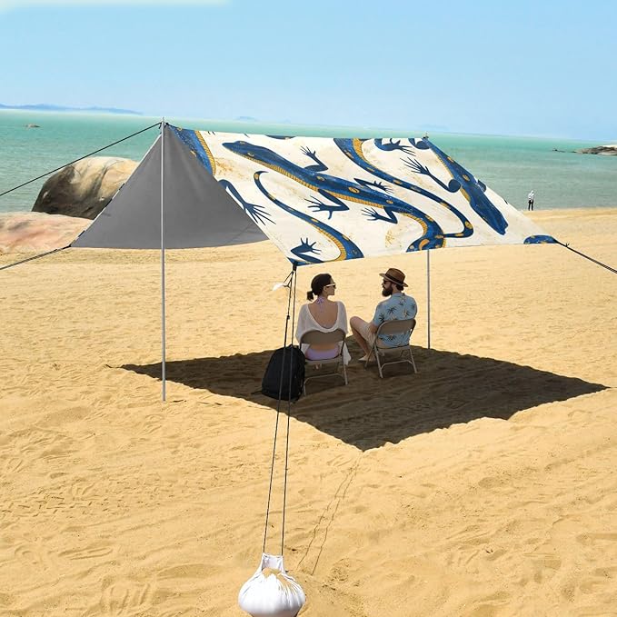 Lizard Pattern Beach Tent Sun Shelter 9.2' x 10.5' Beach Canopy with 4 Sandbags 4 Stability Poles Sand Shovels - Tent Canopy for Beach Camping Fishing Picnics