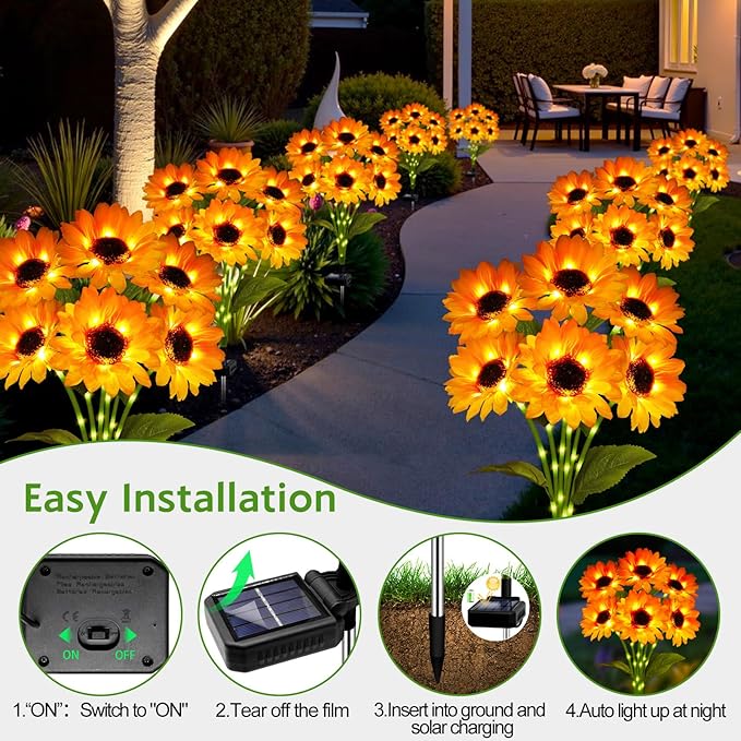 Solar Sunflower Lights Outdoor Garden Decor 4 Pack Solar Flowers Lights with 18 Sunflowers Waterproof Fall Decor Stake Decorative Light Auto ON/Off for Garden Yard Patio Gift for Women