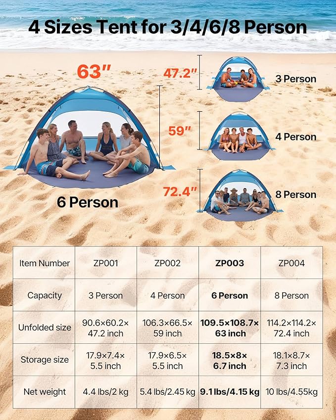 VEVOR Beach Tent Sun Shelter for 6 Person UPF 50+ Protection Portable Sun Shade Beach with Carrying Bag &amp Sand Pockets Lightweight and Easy Setup Beach Umbrella for Camping Fishing Outdoor Picn