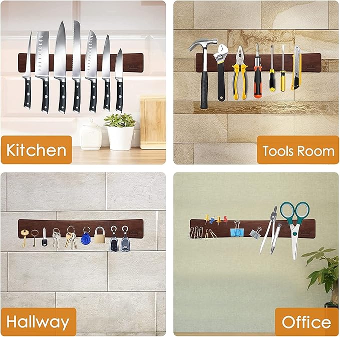 HOSHANHO Magnetic Knife Strips Magnetic Knife Holder for Wall 16 Inch Acacia Wood Knife Magnetic Strip Use as Knife Bar Knife Holder for Kitchen Utensil Organizer