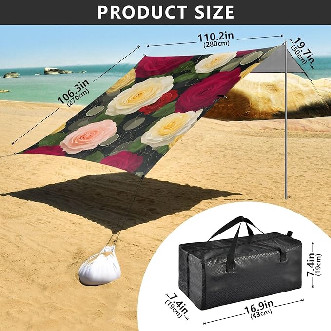ALAZA Rose Flowers Floral Beach Tent Sun Shelter UPF50+ Protection Beach Shade Canopy w/ 4 Sandbags for Outdoor Camping Fishing Backyard Fun Picnic 10x9 ft
