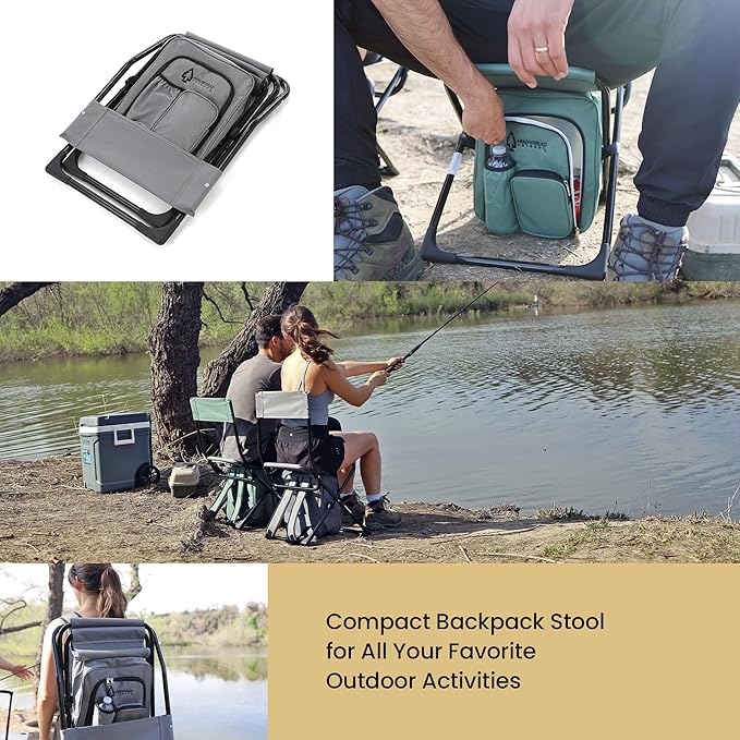 ARROWHEAD OUTDOOR Multi-Function 3-in-1 Compact Fishing Chair: Backpack Stool &amp Insulated Cooler w/Bottle Holder &amp Storage Bag External Pockets Backrest Camp Hiking Heavy-Duty USA-Base
