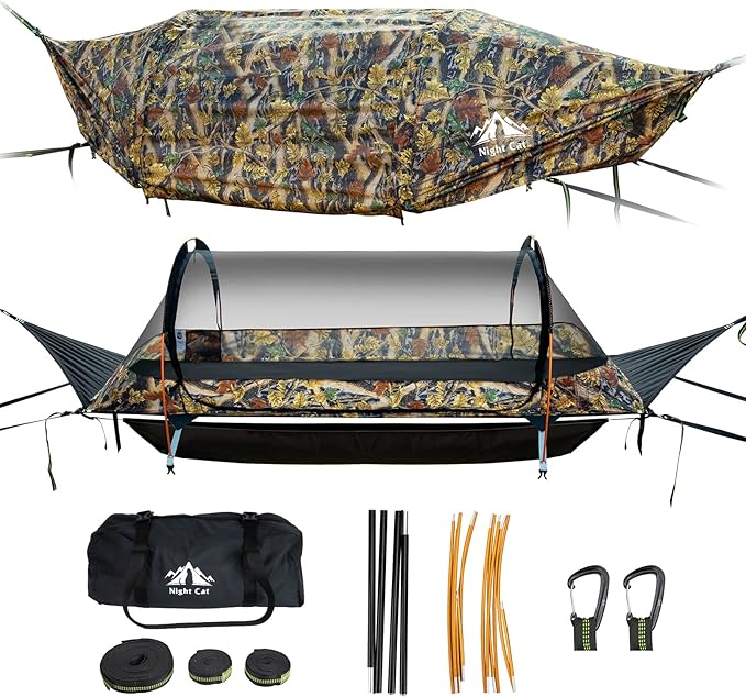 Night Cat Flat Lay Hammock Tent with Mosquito Net Waterproof Rainfly for 1 Person Backpacking Hiking Camping Lightweight 330LBS 87x28x19in