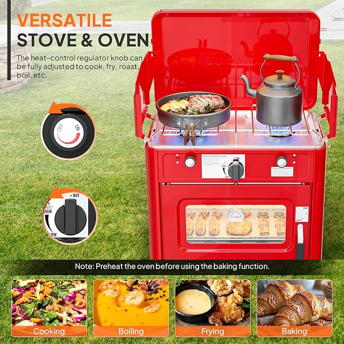 ROVSUN 2-in-1 Portable Camping Stove &amp Propane Oven with Piezo Igniter 2 Burner Stove &amp Outdoor Oven with Adjustable Fire Thermometer Wind Panel &amp Regulator for Traveling Tailgating (R
