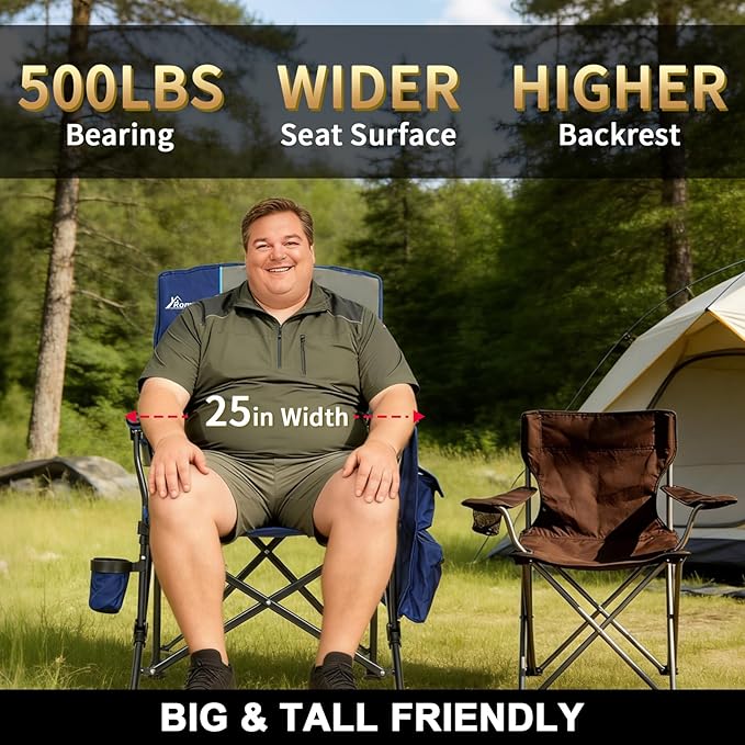 Romswi Oversized Camping Chairs 2 Pack 500 LBS Heavy Duty Folding Lawn Chairs with Hard Armrests Wide Seat Outdoor Chairs with Cup Holder &amp Side Pocket for Camping Beach Sports Backyard