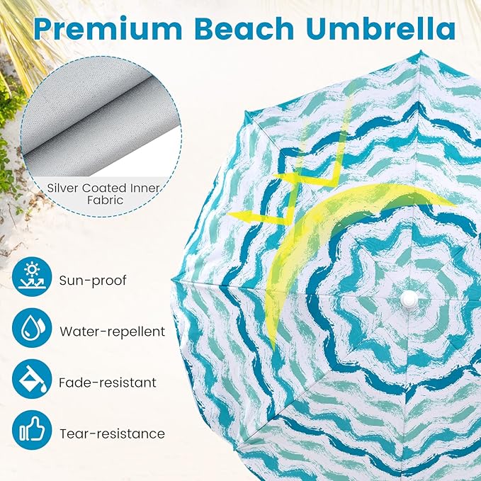 GYMAX Beach Chair with Umbrella Set of 4 Including 2 Folding Chairs Blanket Adjustable Parasol &amp Carry Bag Camping Chairs with Sunshade for Beach Patio Poolside Deck Lawn Picnic