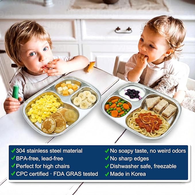 Korean Stainless Steel Divided Plates for Toddlers Kids Babies Premium 304 Electro-Polished No Black Residue BPA-Free 3-Compartment Plate Food Tray for Camping Balanced Meals Set of 2