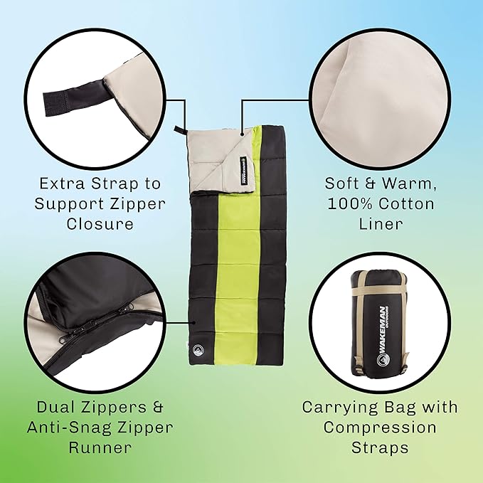 Kids Sleeping Bag - Lightweight Carrying Bag with Compression Straps for Camping Backpacking and Sleepovers by Wakeman Outdoors (Neon Green/Black)