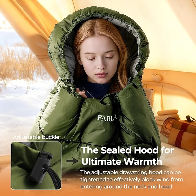FARLAND Sleeping Bag for Adults Cold Weather &amp Warm Plush Fleece-Lined Interior - Portable Waterproof Windproof with Compression Sack for Camping Hiking Traveling Indoor &amp Outdoor