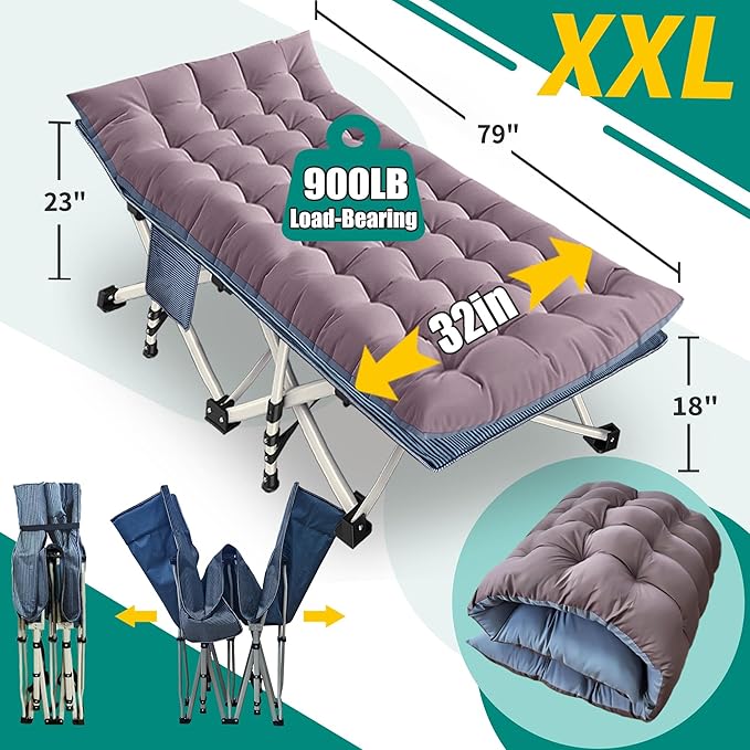 XXL Camping Cot with Mattress Oversize 32 Width Folding Cot Heavy Duty Comfortable Cots for Sleeping Guest Bed with Carry Bag Portable Easy to Set-up for Home Travel Outdoor 79 x 32 x 18