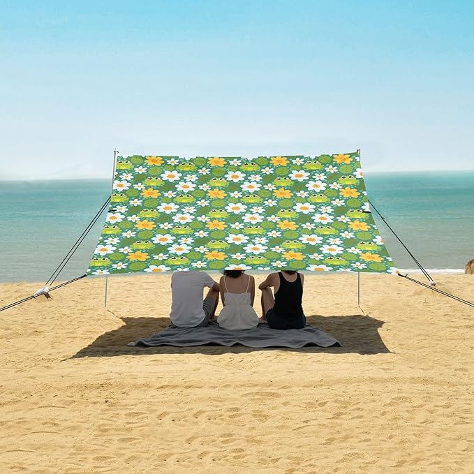 Camping Sun Shelters Cute Frog Flower with Leaf Background Beach Canopy 126 * 110.2in