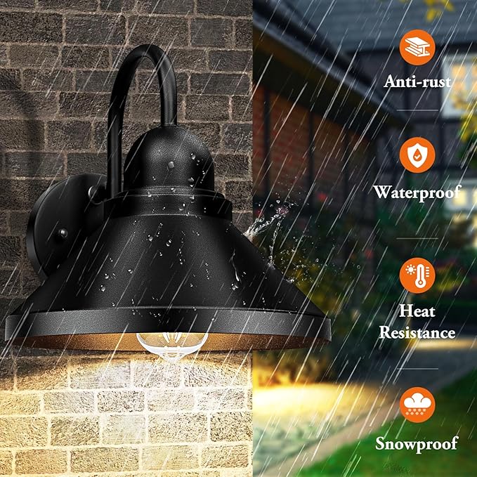 Brightever Gooseneck Outdoor Wall Sconces 2-Pack Large 10.23IN Farmhouse Barn Lights for Porch Industrial Black Exterior Wall Lights for Garage Patio E26 Base Anti-Rust Bulb not Included