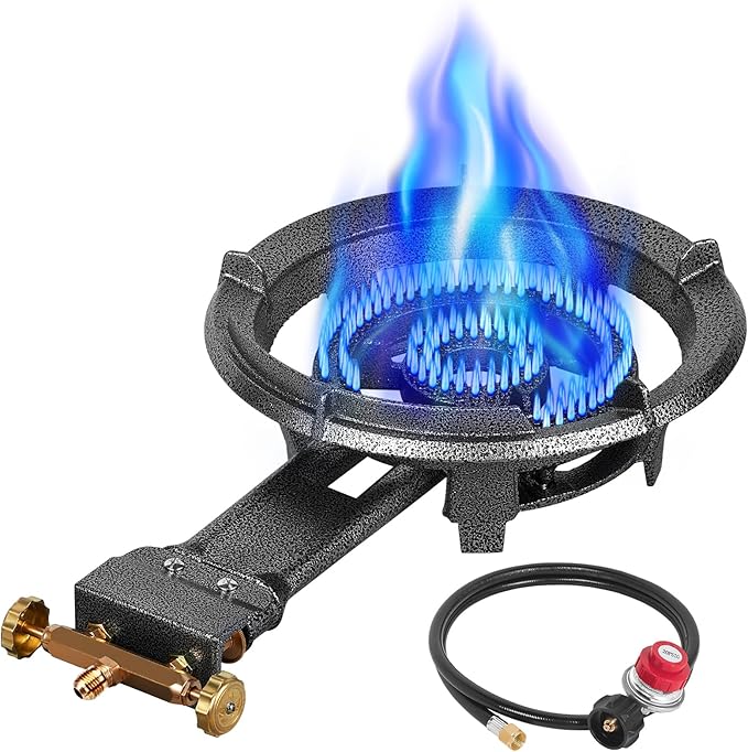 Llamaviva 90000 BTU Portable Propane Burner Stove Cast Iron Single Burner for Outdoor Wok Cooking 0-20 PSI Adjustable Regulator &amp 4 ft Hose - Lightweight &amp Easy to Carry for Camping